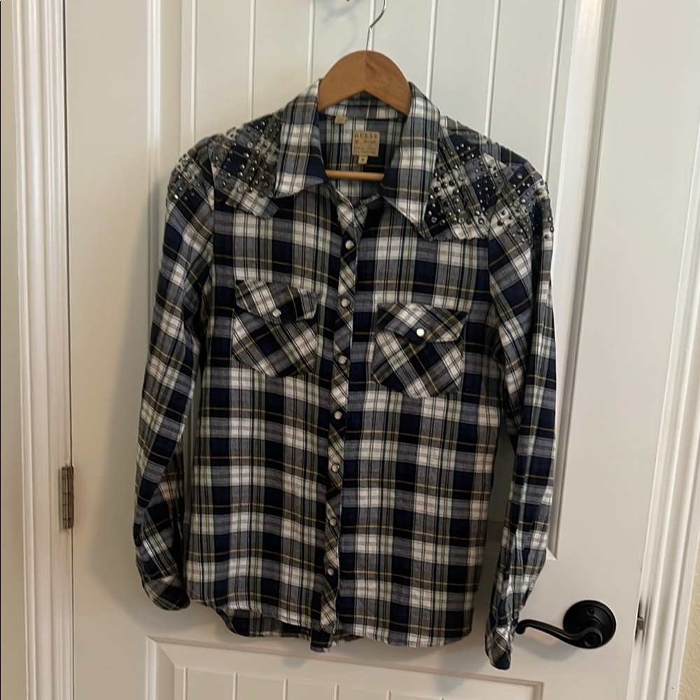 Guess Navy Blue & White Button Down Shirt with Classic Design